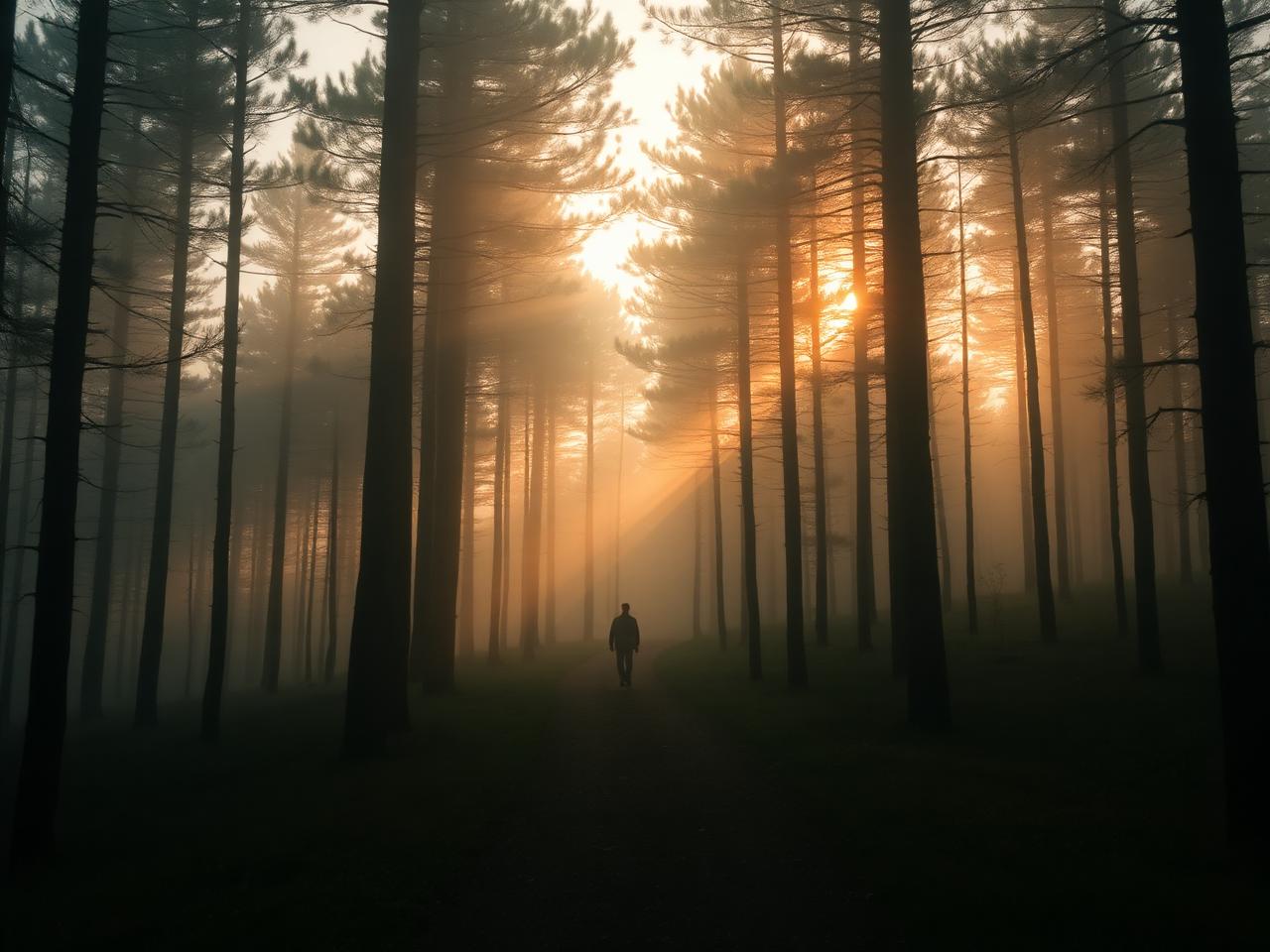 Misty forest path at dawn — a journey of devotion