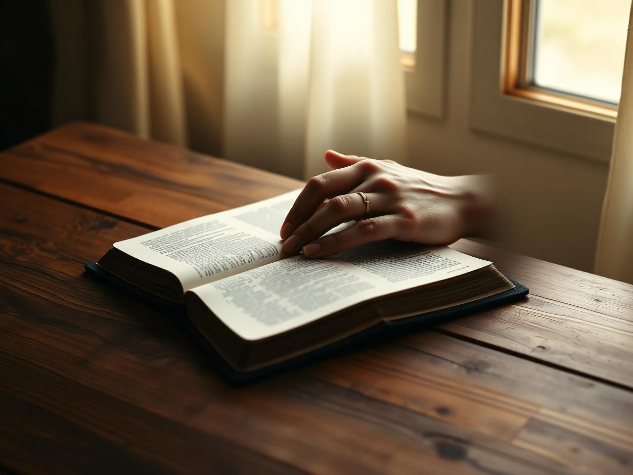 Hands resting on an open Bible by a window