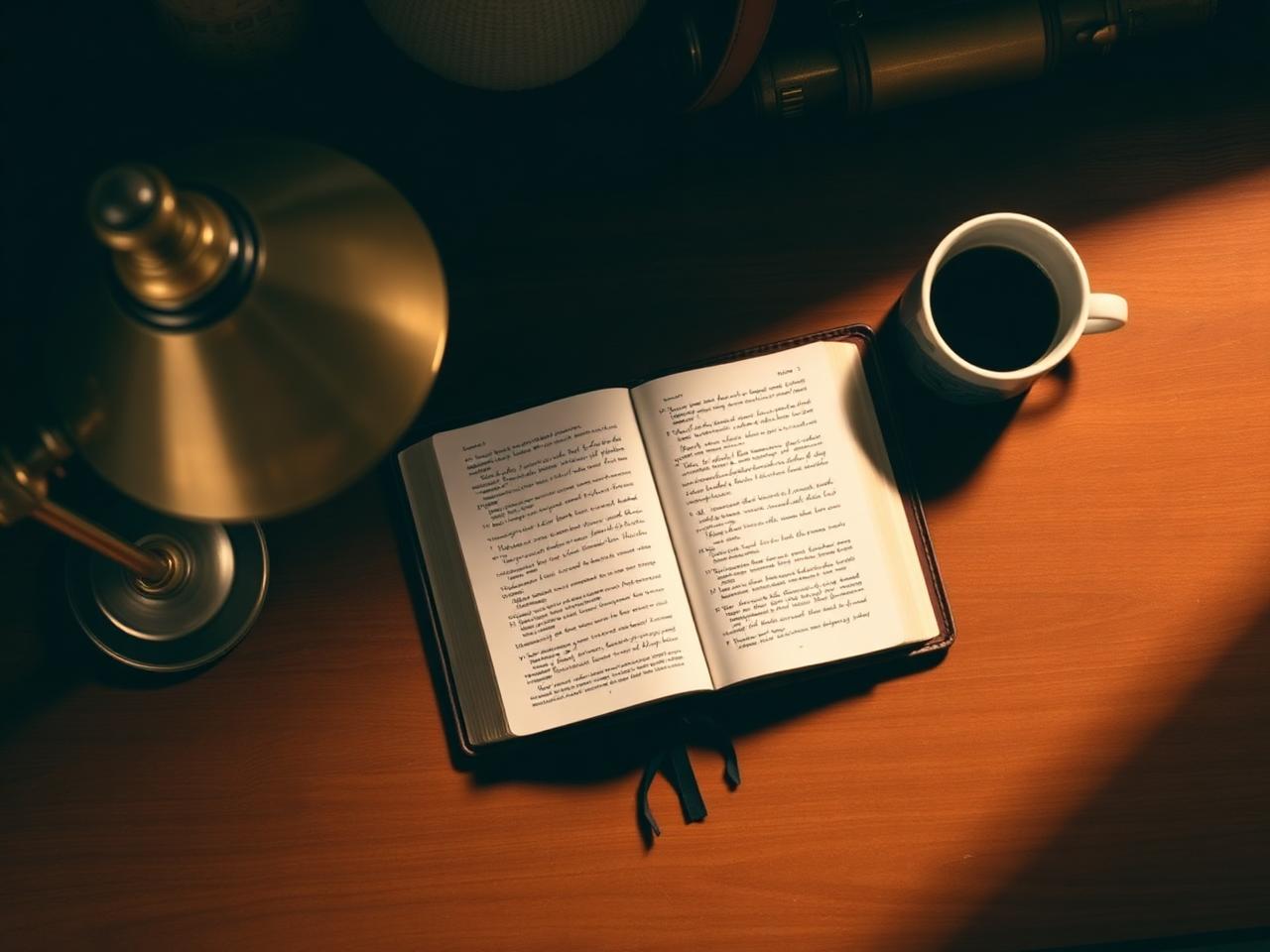 Stacked hardcover books on a study desk under warm light